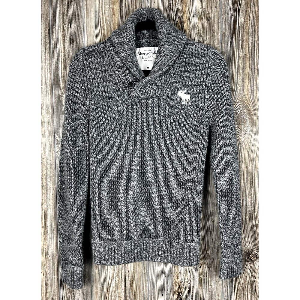 Abercrombie & Fitch Sweater Mens M Gray Shawl Collar Knit Preppy Cozy‎ Cabincore